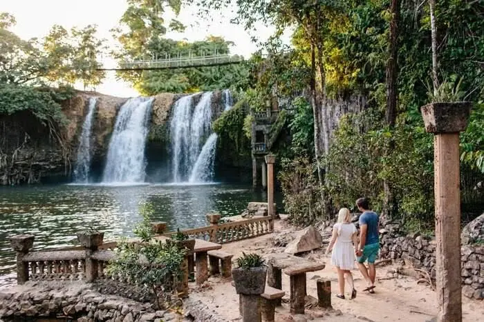 Mena Creek Falls viewed from the lower gardens at Paronella Park